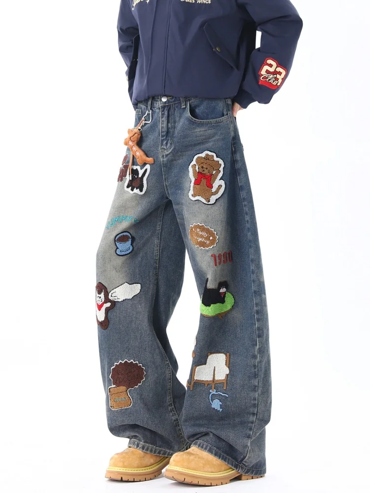 

American Sle Vintage Waed Cartoon Towel Embroidery Knife Wide Leg Jeans Women's Spring Faion Loose Fit Casual Pants