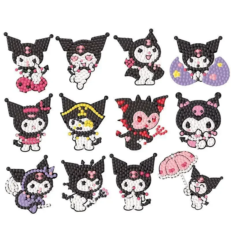 12pcs Kawaii Sanrio Hello Kitty Kuromi Diamond Painting Sticker Set 5D DIY Cartoon Theme Sticker Drawing Kit According Numbers