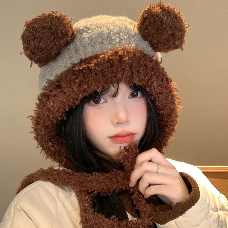 Korean Cute Color Matching Bear Ears Knitted Plush Pullover Hat Women's Winter Thermal Ear Protection Lace-up Flight Bomber Hats