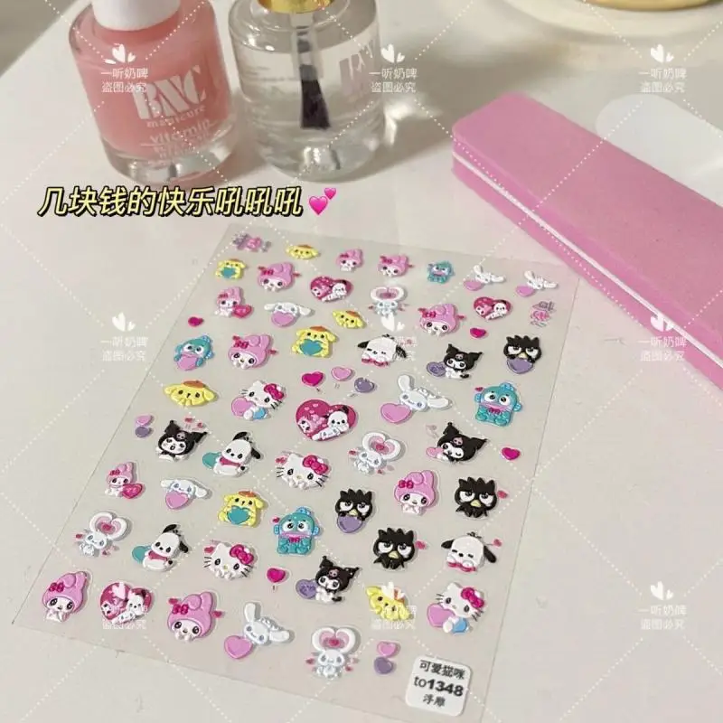 1Pc Anime Sanrios Nail Stickers Kawaii Girl Self-Adhesive Embossed 3D Hello Kitty Kuromi Hangyodon Manicure Decal Decoration Toy