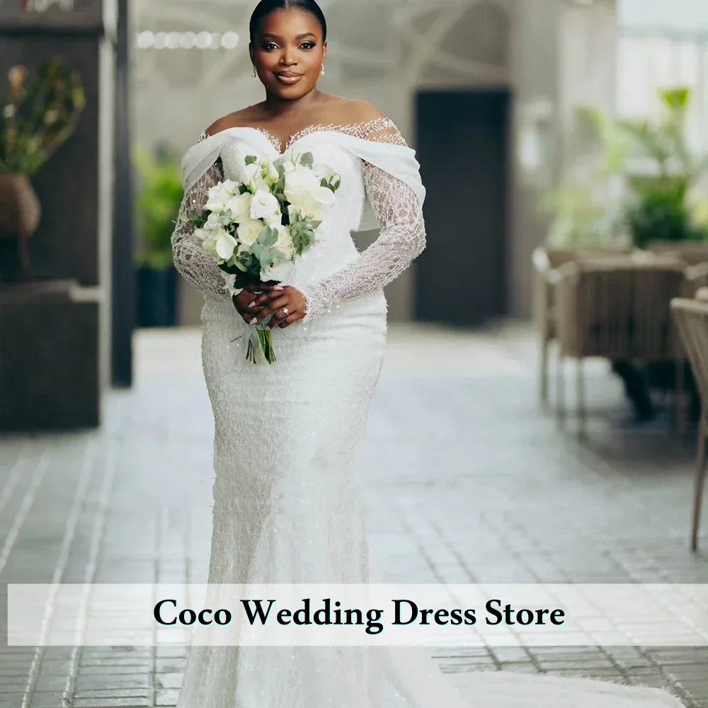 맞춤형 우아한 레이스 웨딩 드레스 긴 소매 반짝이는 인어형 신부 드레스 여성 드레스 웨딩 드레스