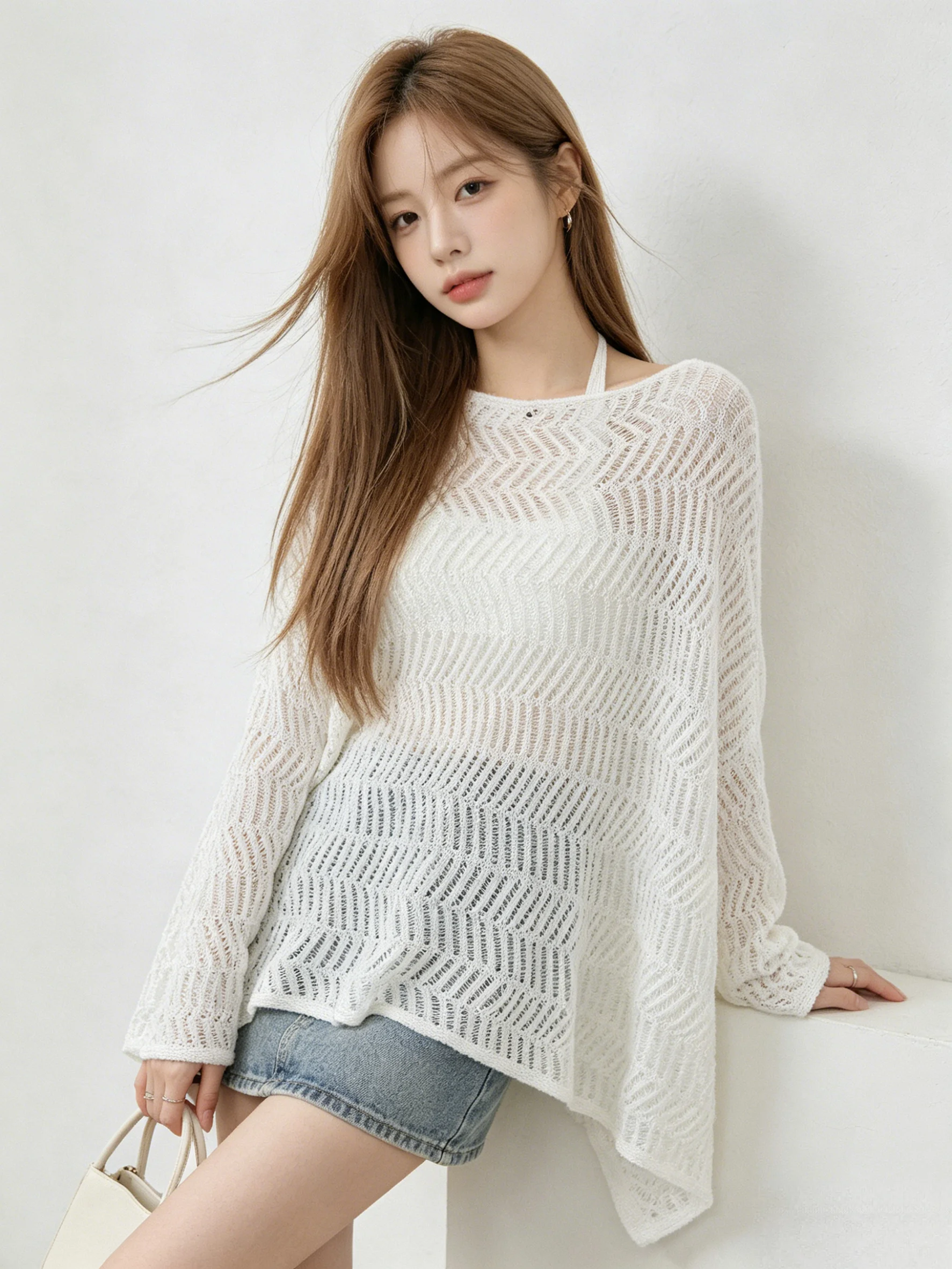 

Elegant Korean Style Hollow out Knitted Vest Top Women's Summer V-Neck Tank Two-Piece Set Slimming Breathable Airy Outfit