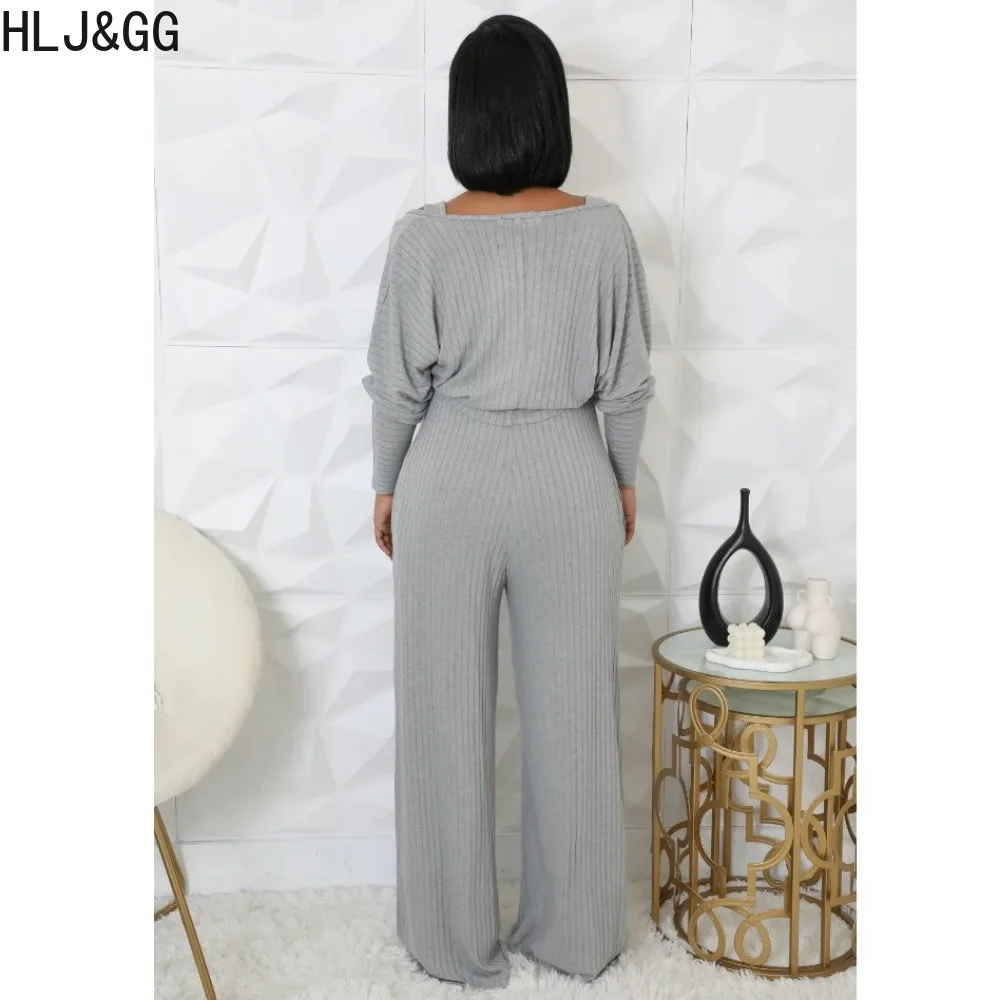 HLJ&GG Casual Ribber Wide Leg Pants One Pieces Jumpsuits Two Piece Sets Women Sleeveless Playsuit And Long Sleeve Top Outfits