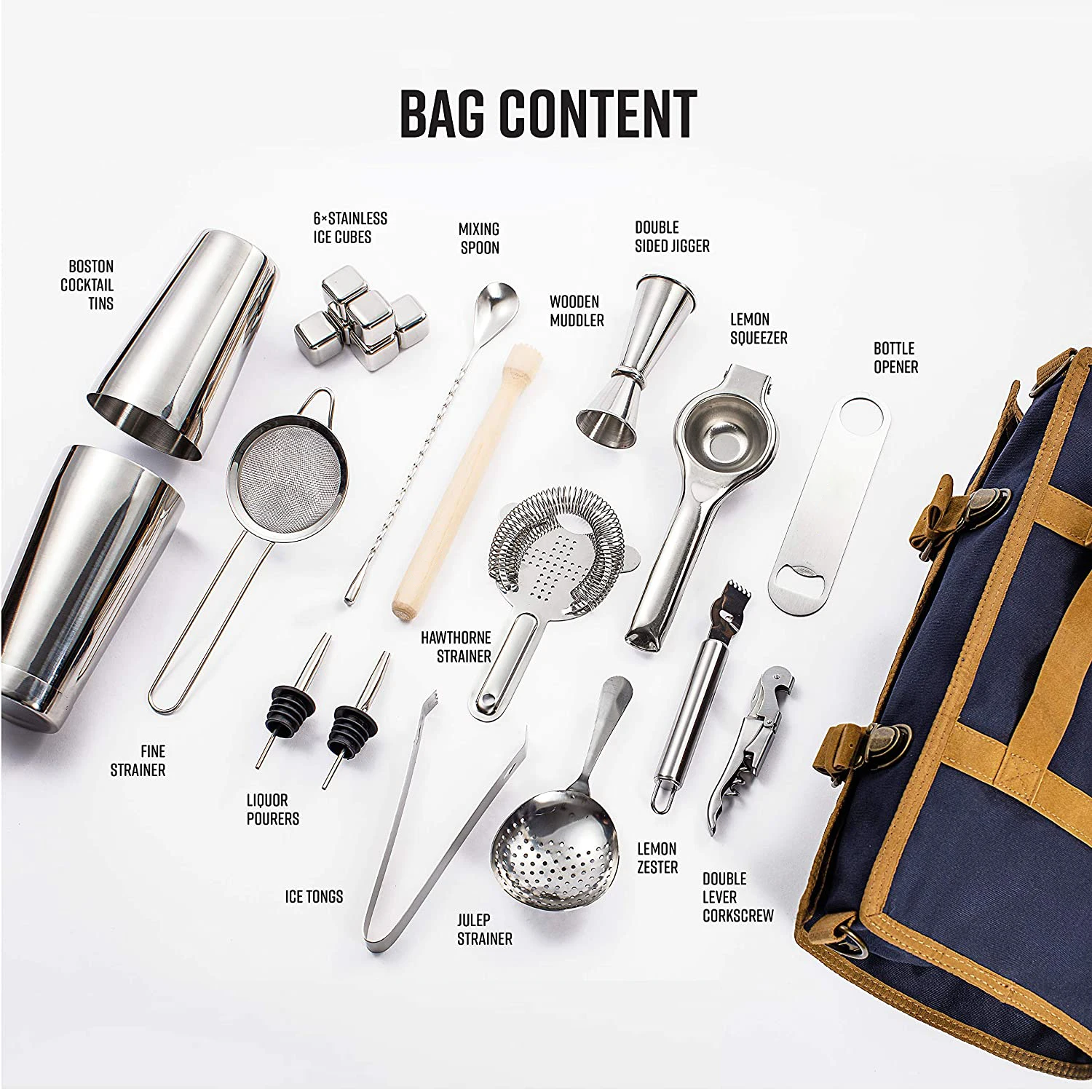 Wuyi Camol Bartender Kit 22pcs: 800ml+550ml Boston Shaker, Jigger, Tools, Stones & Bag | Mixology Pro Set | Bartender Kit