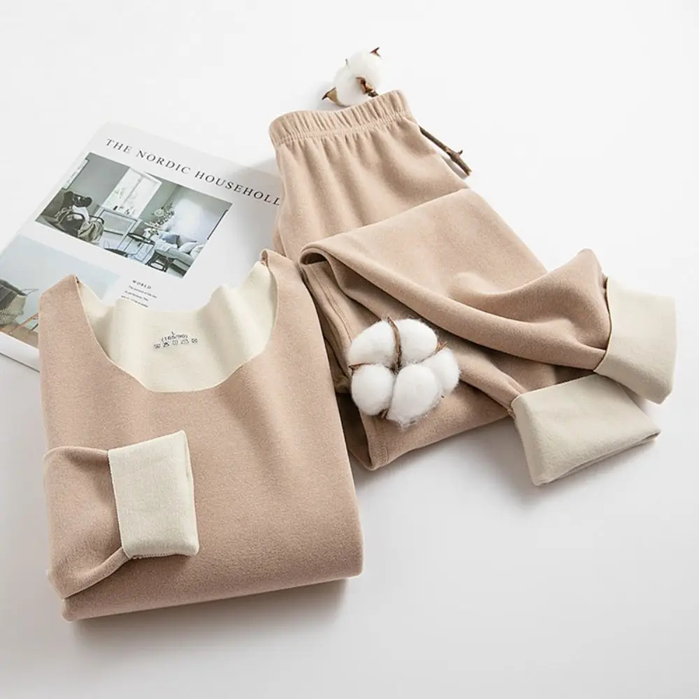 

Simple Warm T-Shirt Pants Nylon German Fleece Long Johns Set Elastic Underwear Korean Style Sleepwear Women Thermal Underwear