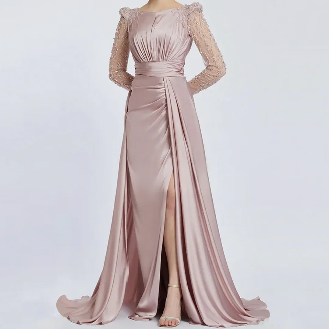

Pink Satin Beaded Luxury Wedding Guest Gowns for Women Elegant Mother of the Bride Dresses Long Sleeves Modest Evening Dress