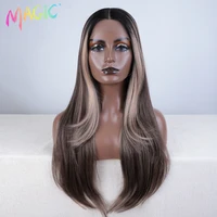Peluca con malla frontal sintética de pelo mágico, peluca de encaje larga y recta de 28 pulgadas, peluca rubia ombré, pelucas resistentes al calor para mujer, peluca con malla frontal