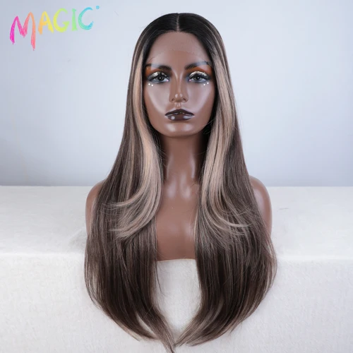 Peluca con malla frontal sintética de pelo mágico, peluca de encaje larga y recta de 28 pulgadas, peluca rubia ombré, pelucas resistentes al calor para mujer, peluca con malla frontal