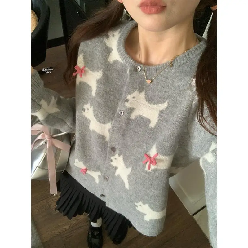 Sweet Bow Jacquard O-neck Knitting Cardigan Coat Women Autumn Fashion O-neck Sweater Casual All-match Preppy Style Knitwear Tops