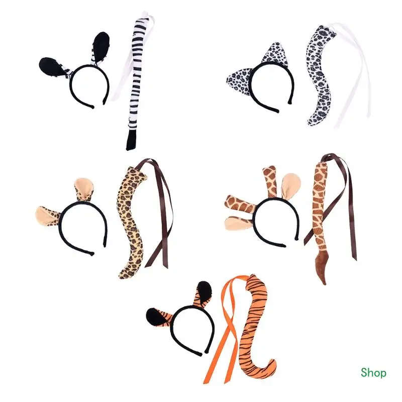 Dropship Animal Costume Set Leopard Giraffe Ear Headband Tail Halloween Cosplay Supplies