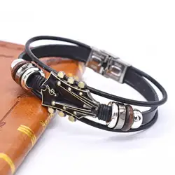 Braided Guitar Bracelet Zinc Alloy Adjustable Buckle Manual Woven Faux Leather 3-layered Retro Punk Wrist Jewelry