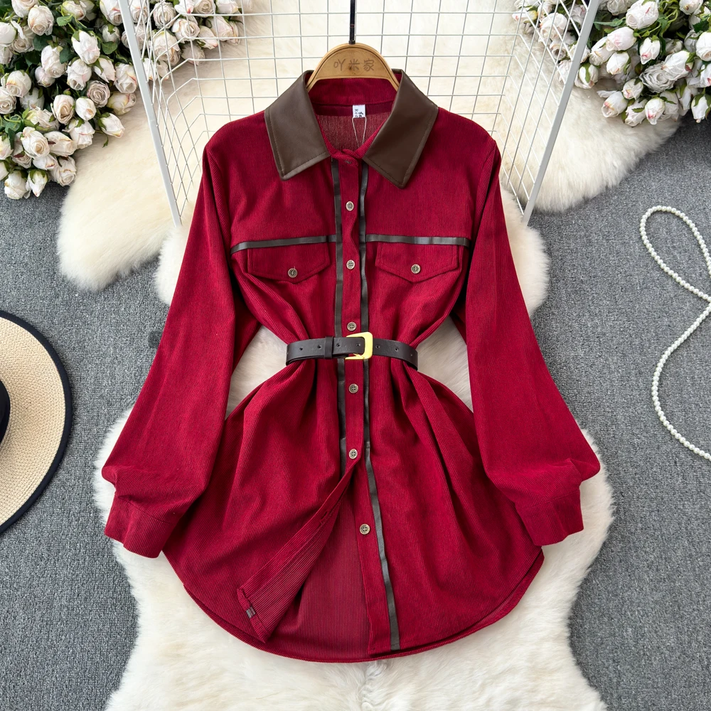 Women Corduroy Blouses Splicing Long Sleeve Shirt New Arrived Single Breasted Long Shirts For Young Woman Clothes