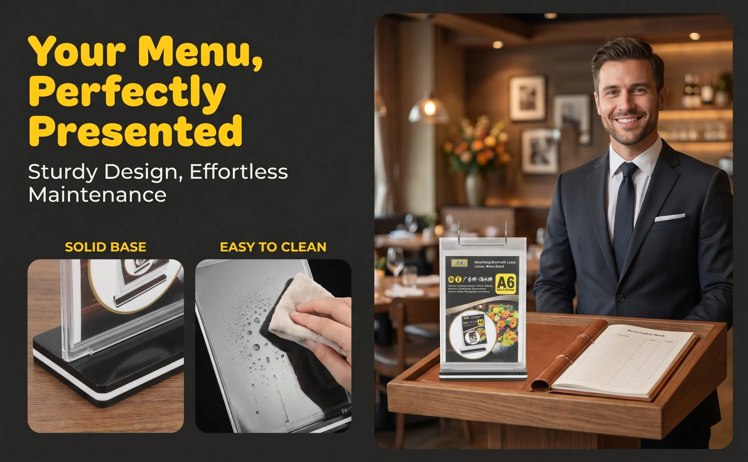 Menu Holder PVC Desktop Display Stand Stable Base Clear Poster Holder for Restaurants Bars Coffee Shops Catering Events