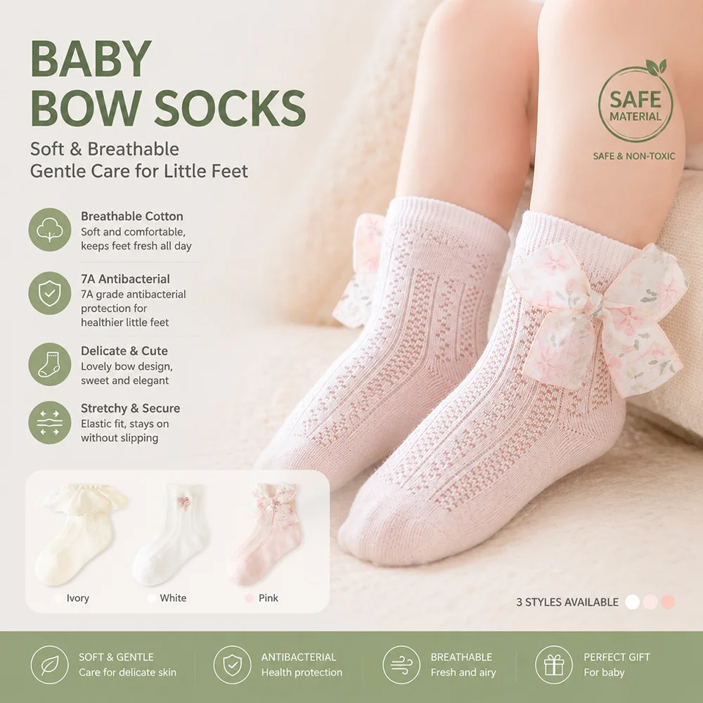 Baby Girls Cotton Socks 3 Pairs Cute Bow Lace Ruffle Ankle Socks Soft Breathable Infant Toddler Princess Socks Newborn Gift