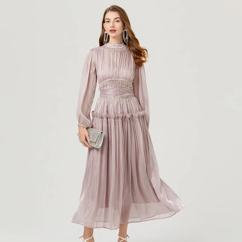 French Designer Luxury Women Organza Stand Collar Party Dress Elegant Spring Diamonds Tassel Ruffles Puff Sleeve Slim Long Dress