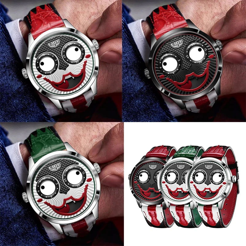 

Мужские наручные часы LIGE с циферблатом в виде клоуна, уникальные, необычные, модные, спортивные, военные часы, водонепроницаемые кварцевые часы, подарок для мужчин.