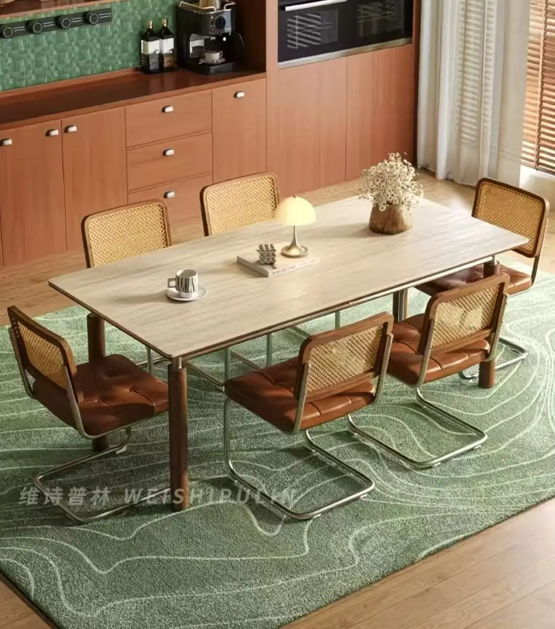 Luxury Premium 6-Piece Eco-Friendly Dining Table Chair Set Modern Design Rock Beam Solid Wood Frame For Restaurants Villas