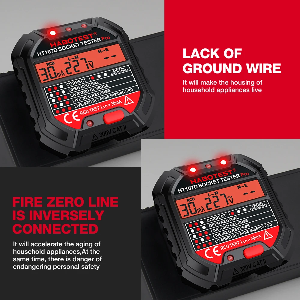 HABOTEST HT107 testeur de prise Pro Test de tension RCD 5/30mA détecteur de prise terre zéro ligne prise polarité contrôle de Phase
