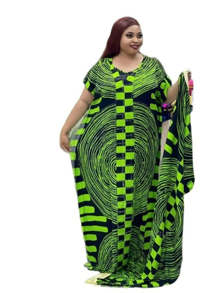 

2026 New Fashion Summer Robe Beautiful African Cloth Cotton Printed Women's Dress Plus Size Round Neck Loose Ethnic Dress
