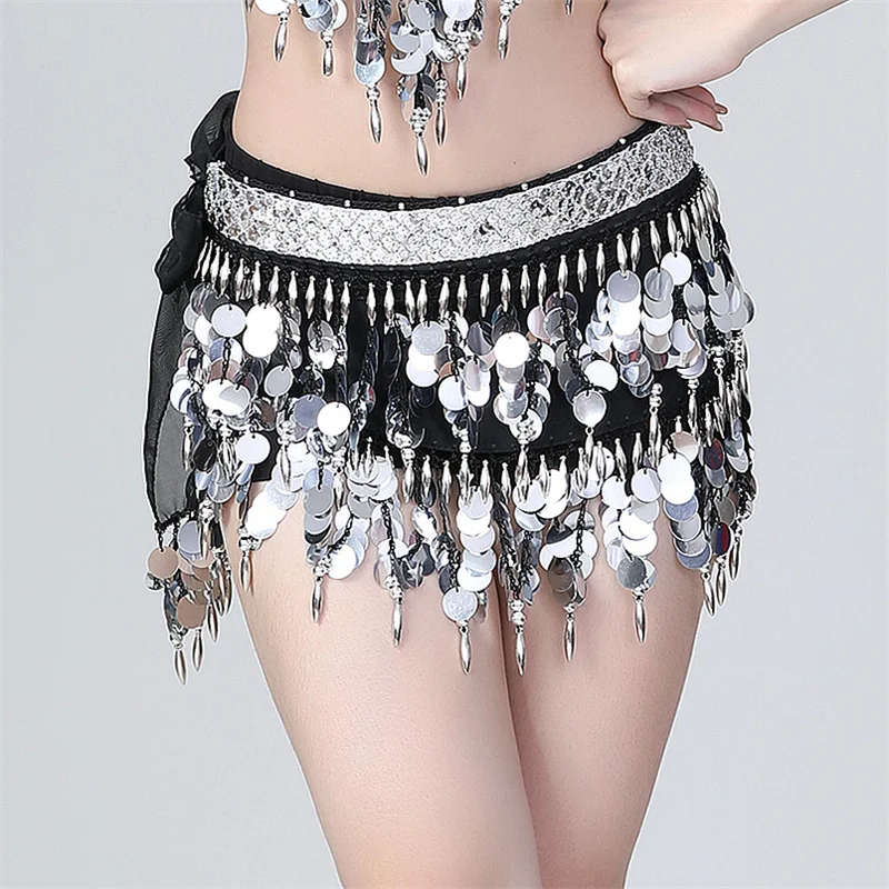 2023 Sequins Women Belly Dance Hip Scarf Practice Lesson Wear Fringe Waist Belt Rave Outfit Wrap Towel Stage Costume Clothing