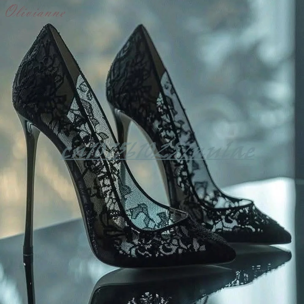 

Sexy Black Lace Hollow Shallow Pointy Pumps Hot Girl Stiletto High Heel Fashion Elegant Women Shoes 2025 Zapatos Para Mujere