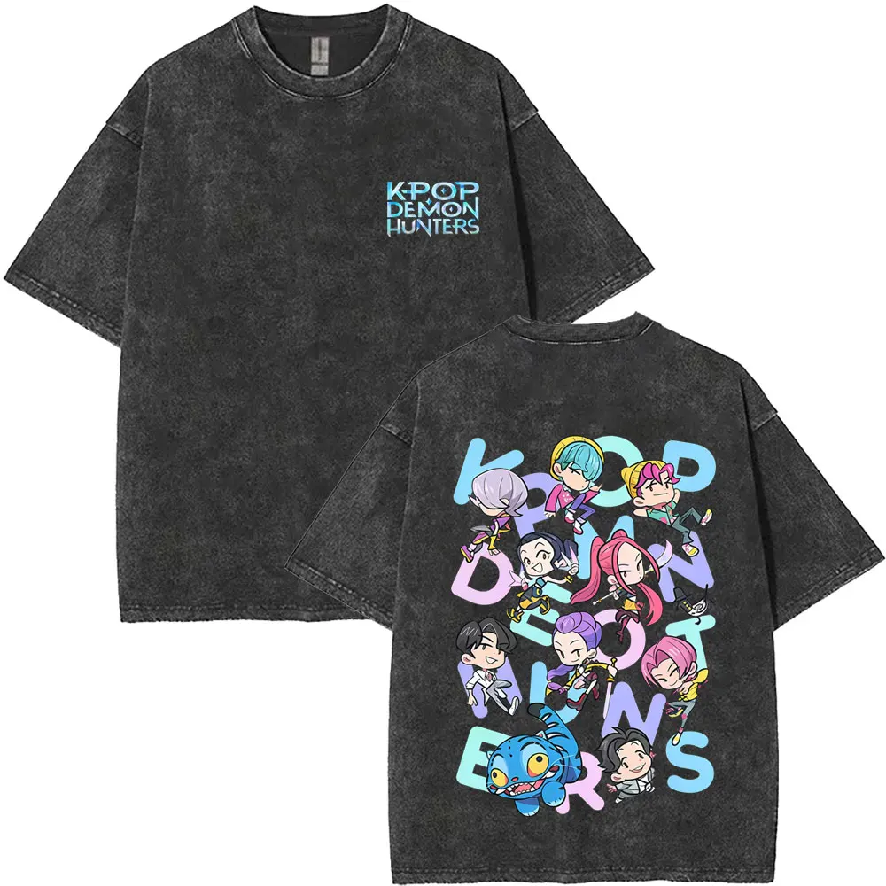 

Washed Vintage Kpop Demon Hunters T-shirt Rumi Mira Zoey Saja Boys Derpy Tiger T Shirt Men Women Cartoon Casual Oversized Tshirt