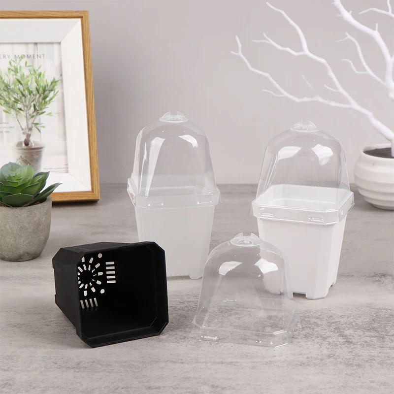 5Pcs Square Small Flower Pot Nursery Pot With Humidity Dome Transparent Gardening Pot Square Flower Starting Pots 3Colors
