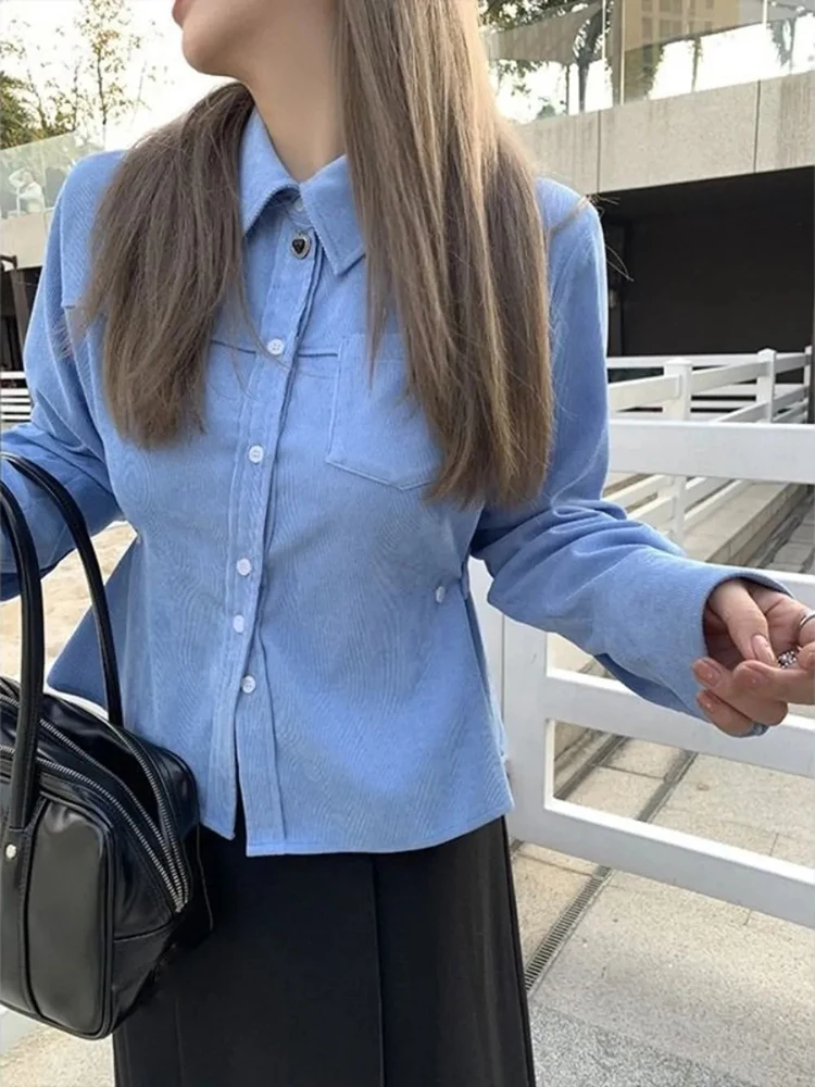 

Casual Minority Ruched Slim Shirt Corduroy Slim Waist All-match Simple Blouses New Short Office Lady Solid Korea Chic Top