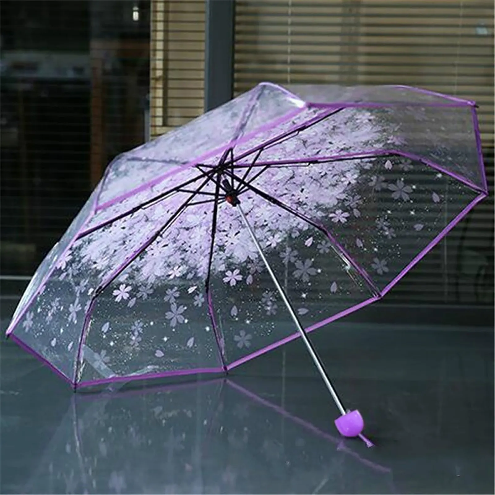 Three Fold Umbrella Women Transparent Clear Cherry Blossom Mushroom Sakura Folding Sunshade Rain Umbrella Folding Travel Umbrell