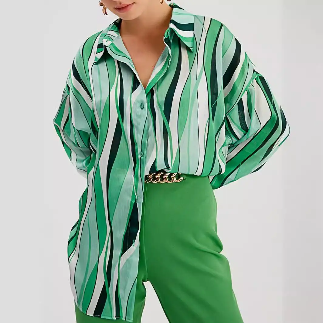 

Women's Long Striped Shirt Cardigan Printed Street Style Fashion Winter Collection Non-Shrinkage High Quality Ladies' Blouse