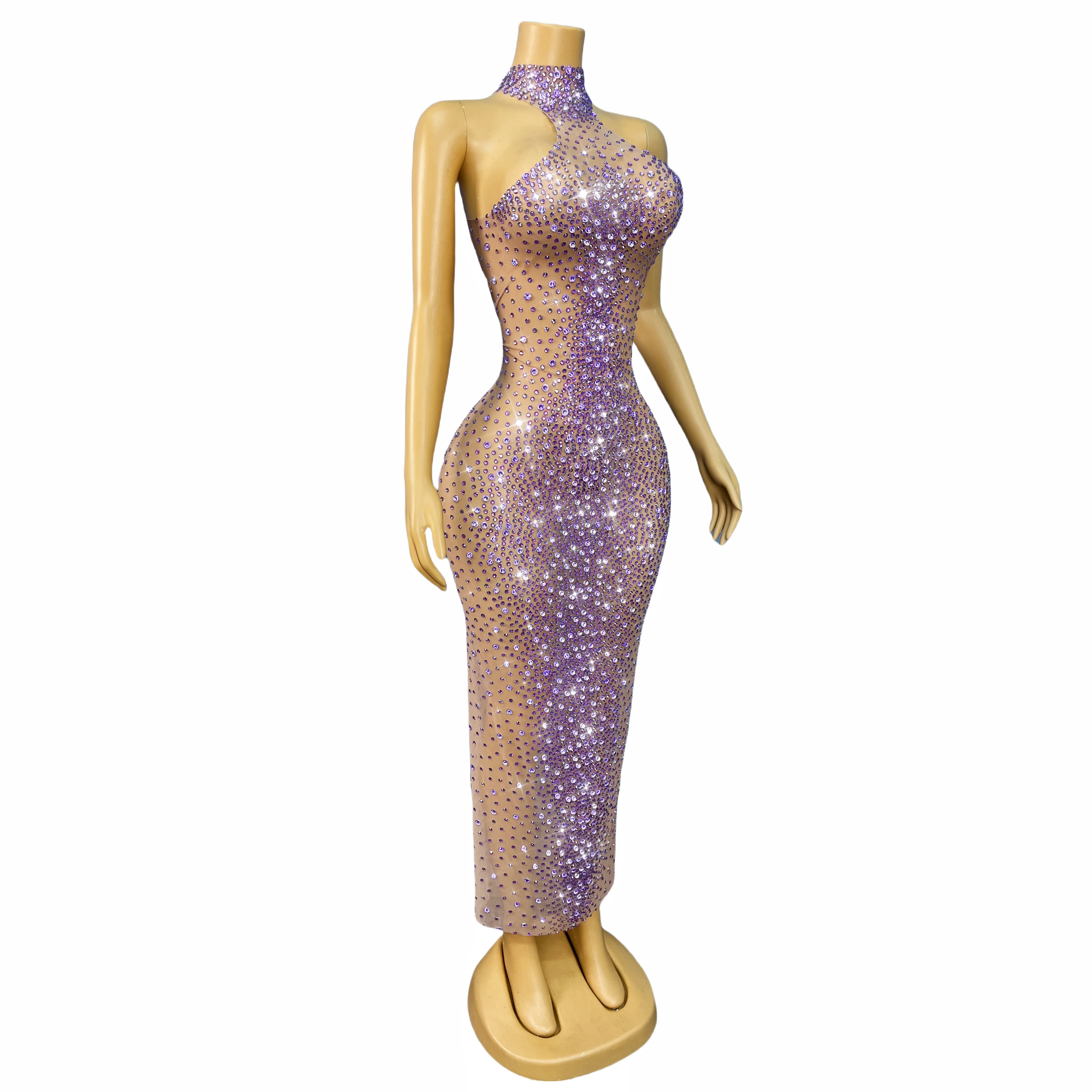 High-end Blingbling Rhinestones Sexy Nude Mesh Trim fiit Dress Women Dancer Show Costume Evening Party Elegant Gown Jianbian