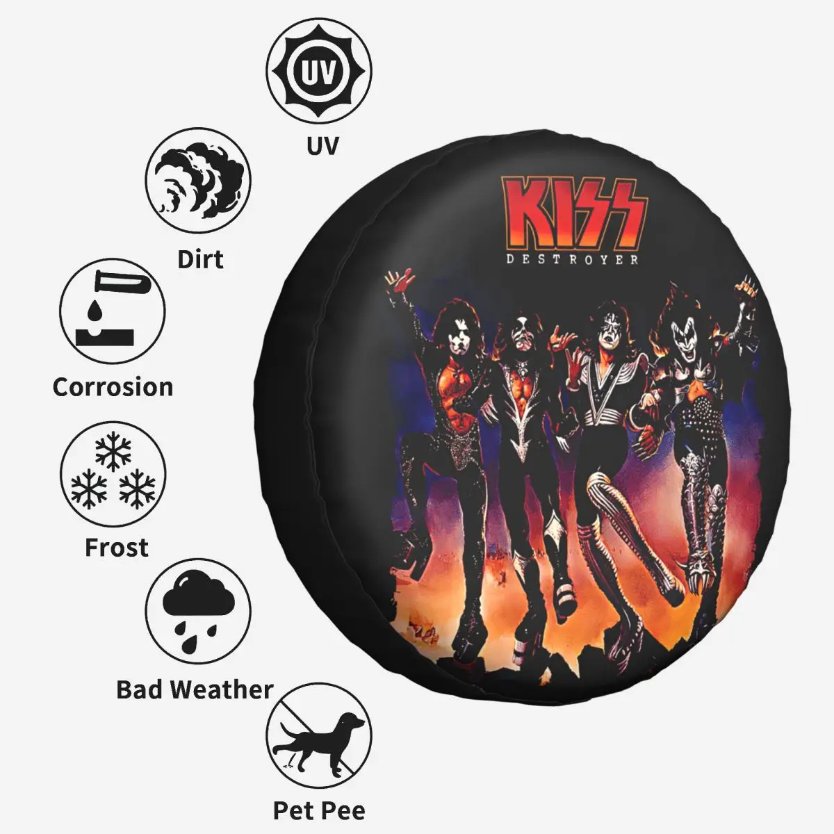 Kiss Metal Destroyer Tire Cover Wheel Protectors Weatherproof Universal for Jeep Trailer RV SUV Truck Camper Travel Trailer