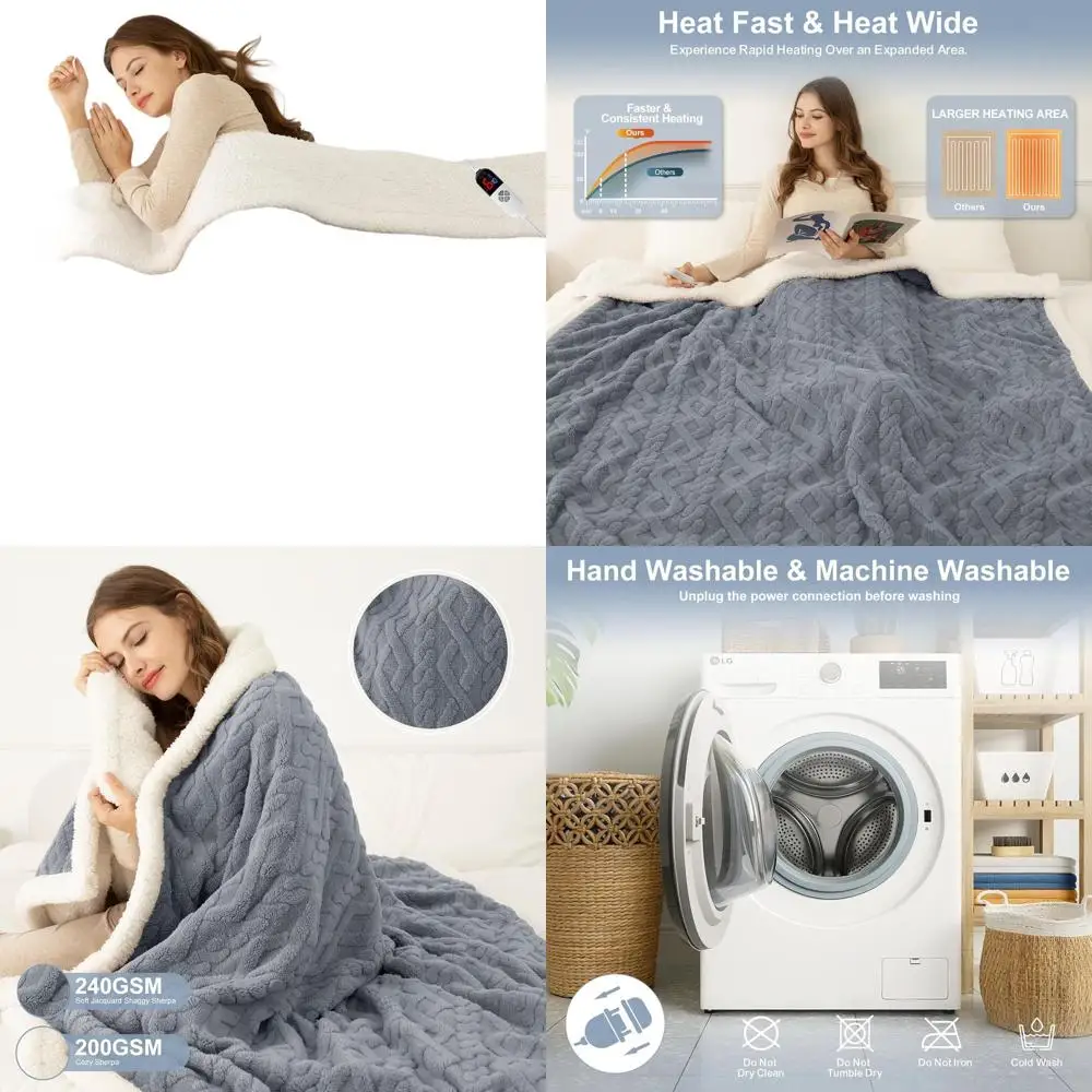 

Full Size 72x84 Blue Sherpa Electric Blanket - 6 Heat Levels, 10-Hour Timer, Overheating Protection