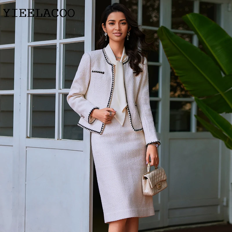 

white tweed jacket + skirt suit Professional spring / autumn women's jacket Business ladies 2 piece skirt suit(Skirt slit)