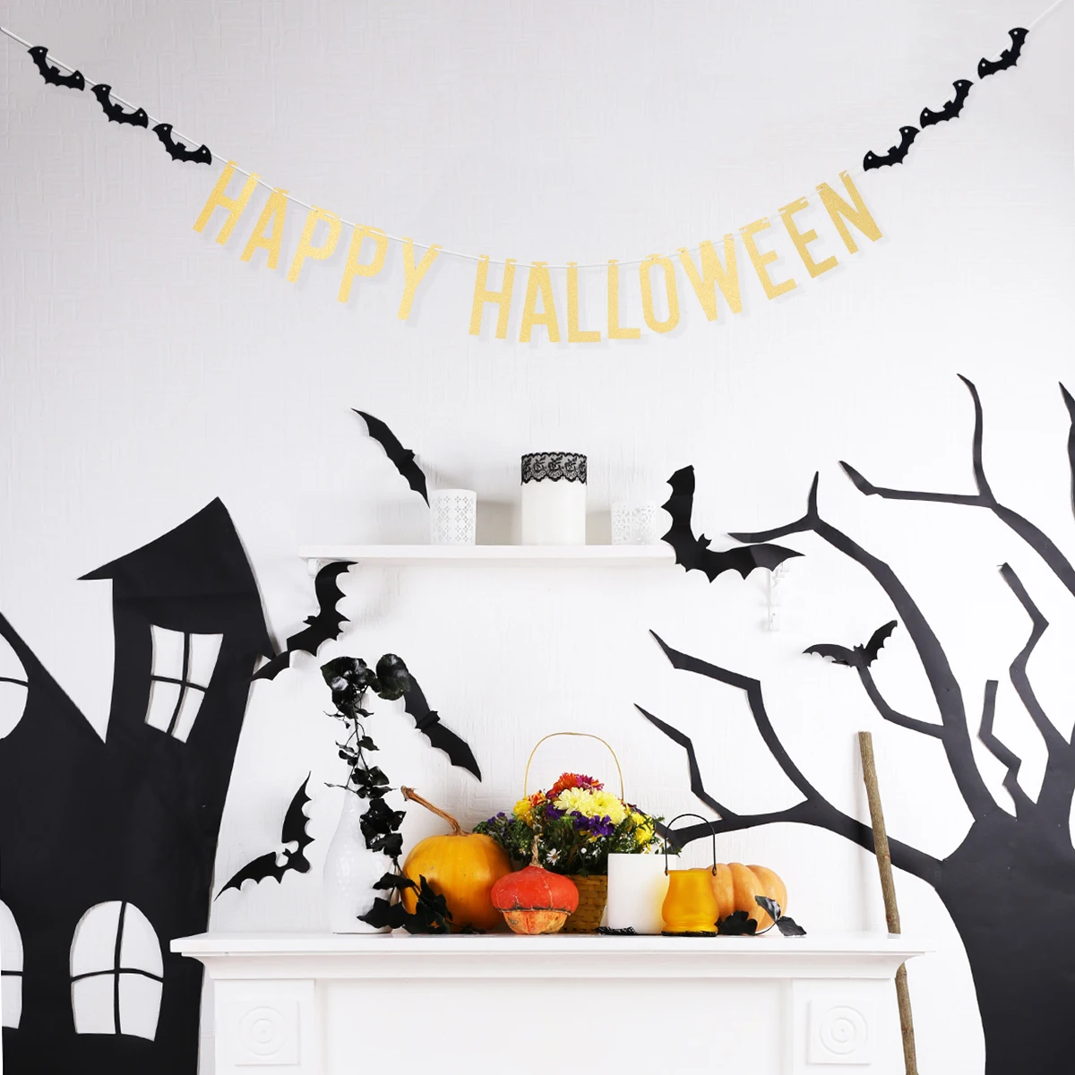 

Bat Pull Flower Happy Halloween Banner for Paper Party Banners Glitter Garlands