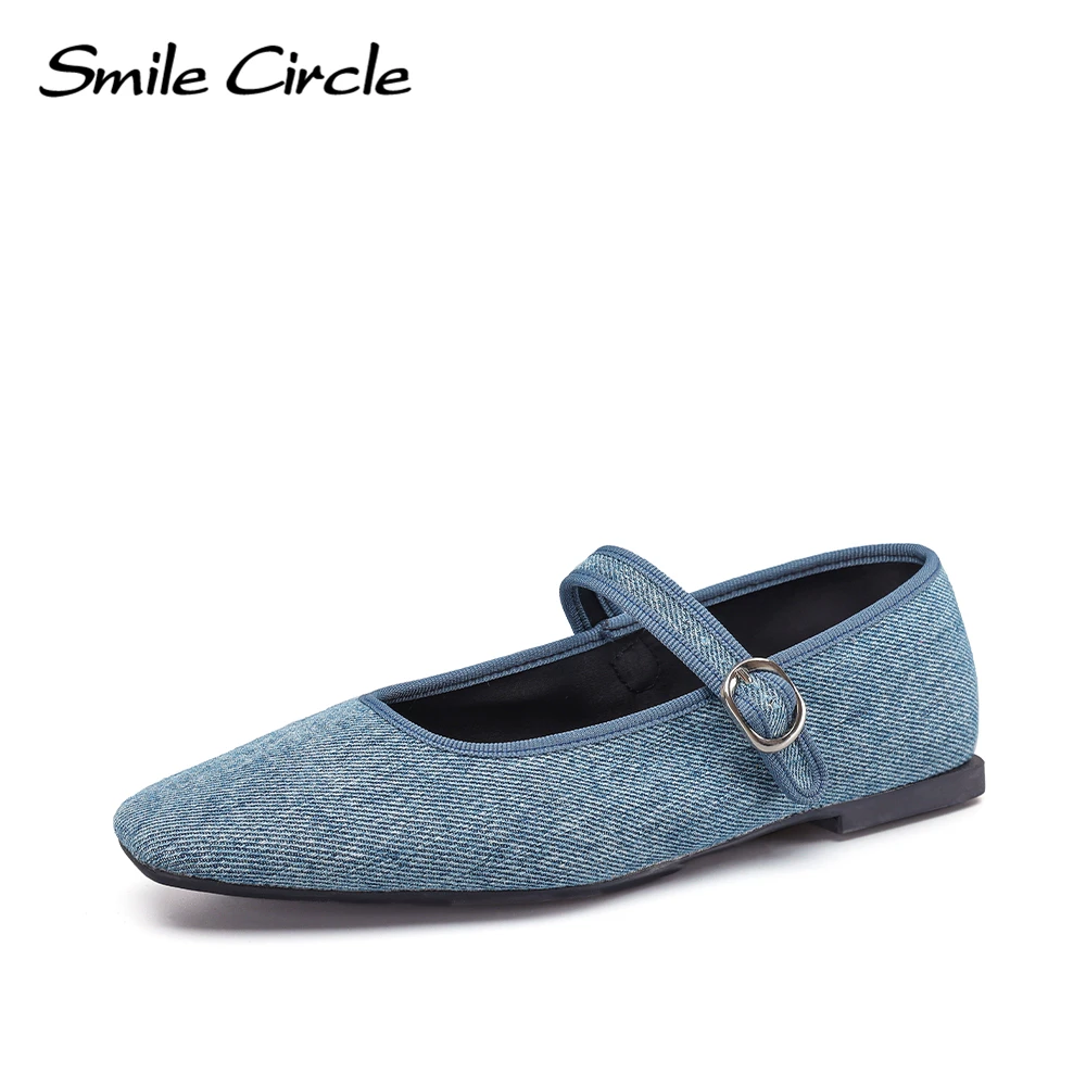 Smile Circle Denim Mary Jane Women Ballet Flats Shoes Comfortable Soft Round Toe Flat Shoes for Women