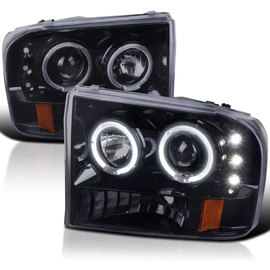 

Halo Rim LED Glossy Black Housing Smoke Lens Projector Headlights Compatible with 1999-2004 Ford F-250/F-350/F-450/F-550 Super
