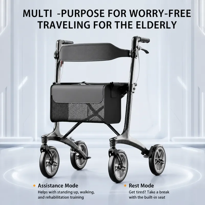 Carbon Fiber Walker for Elderly Rehabilitation Anti Slip Walking Aid with Seat Pushable Mobility Support