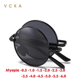 VCKA Fold Round Polarized Myopia Sunglasses Portable Women Men Prescription UV400 Glasses Optics Custom Eyewear -0.5 to -6.0