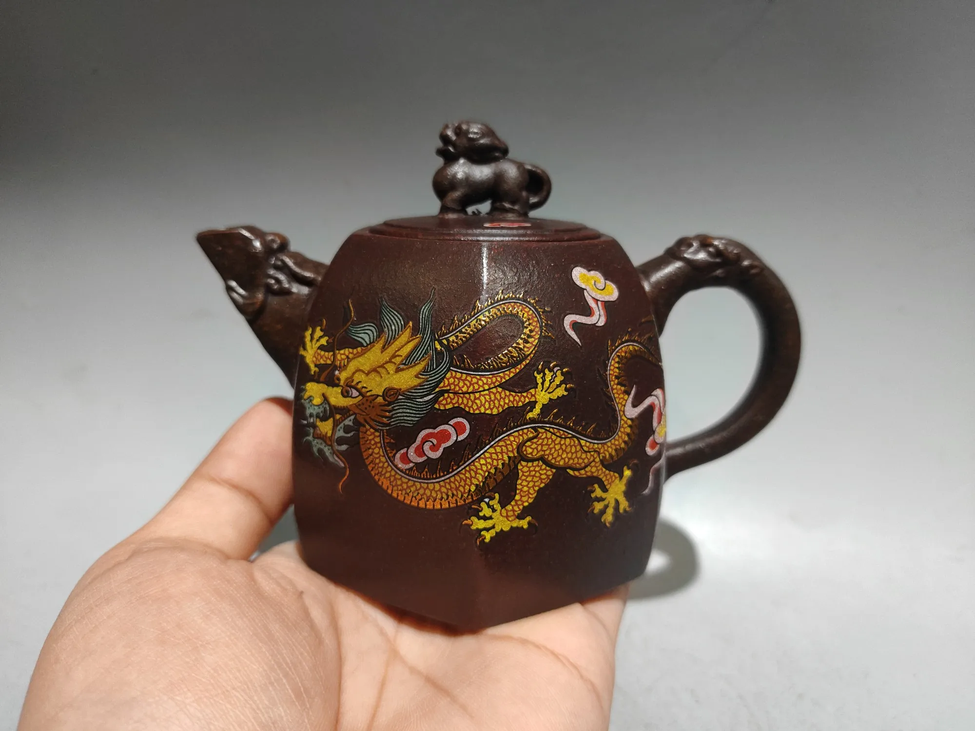 

Old Chinese Handicraft Enameled YiXing Zisha (red stoneware) Teapot,Hexagonal well-rim teapot, with mark, Free shipping