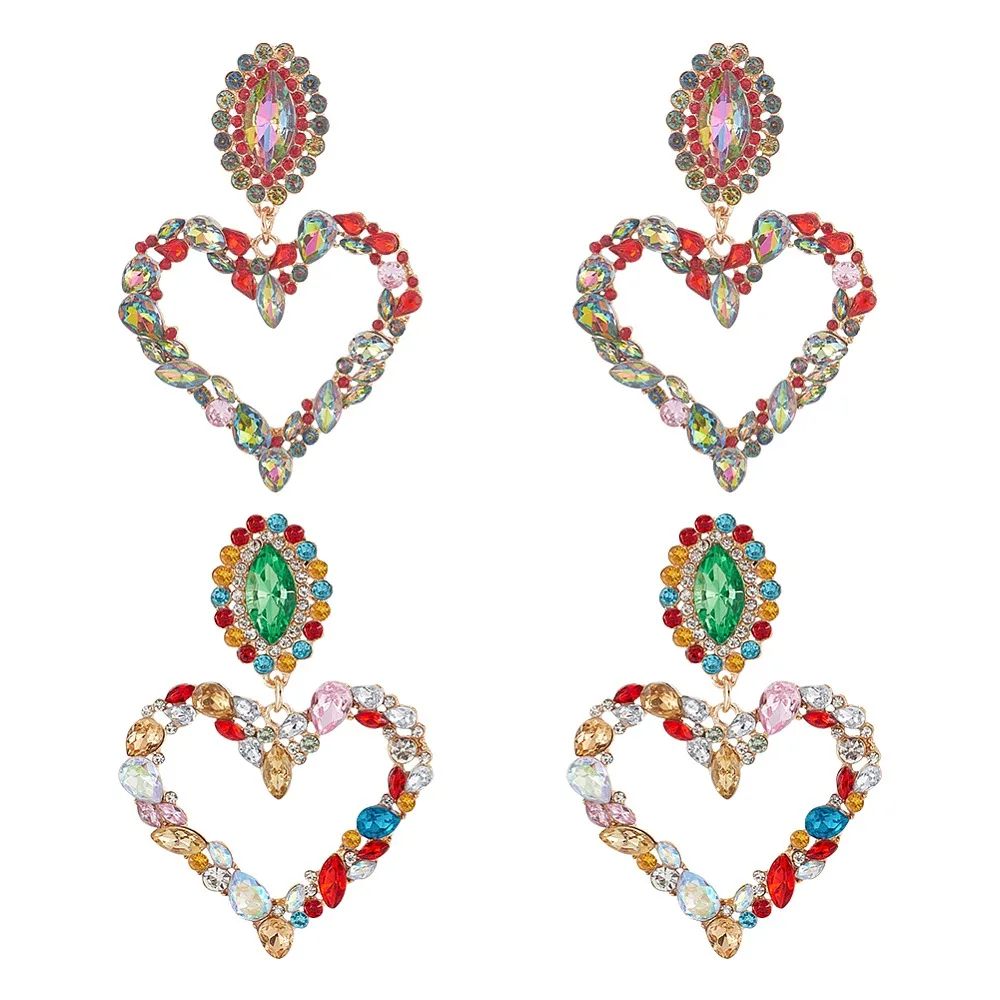 2 Pares de Pendientes Colgantes de Corazón Hueco con Pedrería en 2 Colores, Pendientes Largos de Aleación de Oro Claro para Mujer, Color Mixto, 80mm