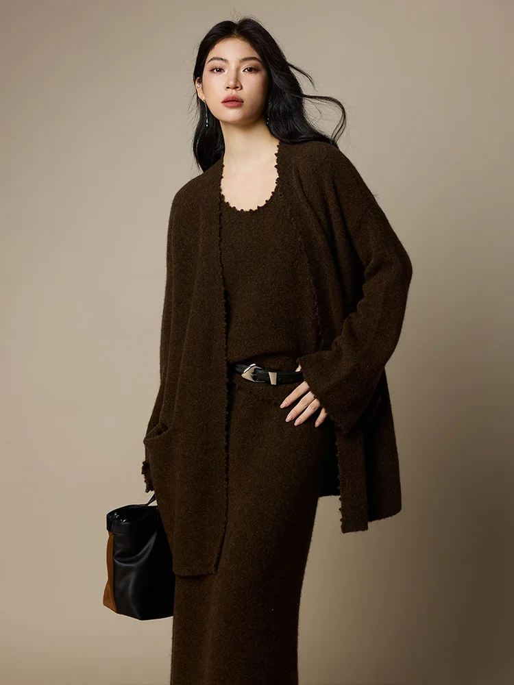 Birdtree, cárdigan de punto de mezcla de lana, chal elegante liso suelto para mujer, suéter de manga completa, abrigo informal de Otoño Invierno 2025 T5N201JF