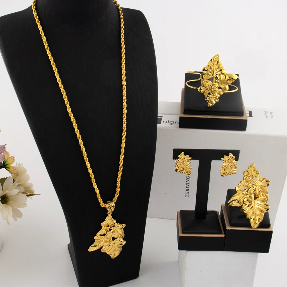 

Saudi Arabia Gold Color Jewelry Set Ethiopia Women Luxury Long Chain Leaf Shape Earring Bangle Ring For Party Dating Gift
