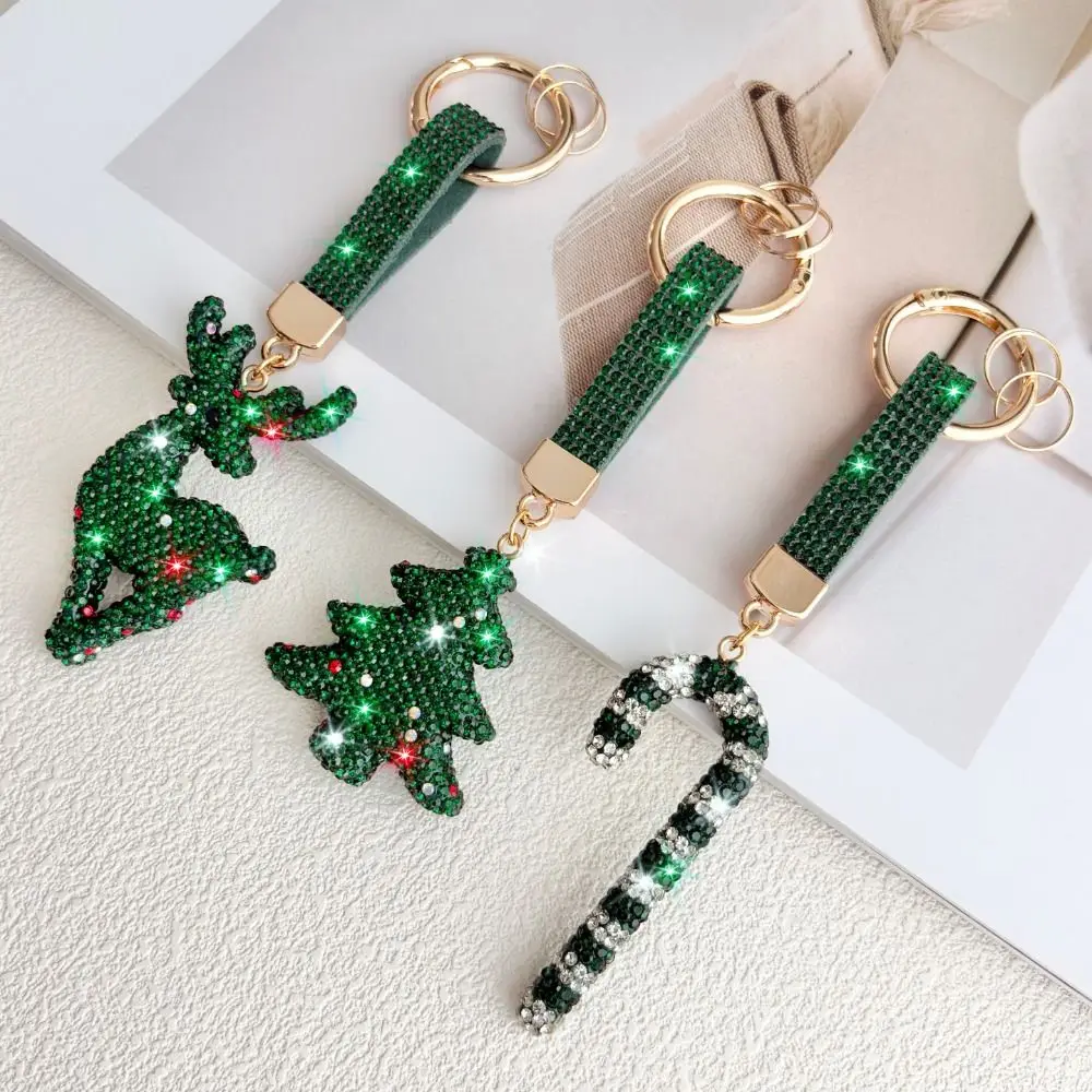 Elk Rhinestone Christmas Keychain Cane Christmas Tree Santa Claus Keychain Sparkly Blingbling Metal Xmas Pendant Christmas
