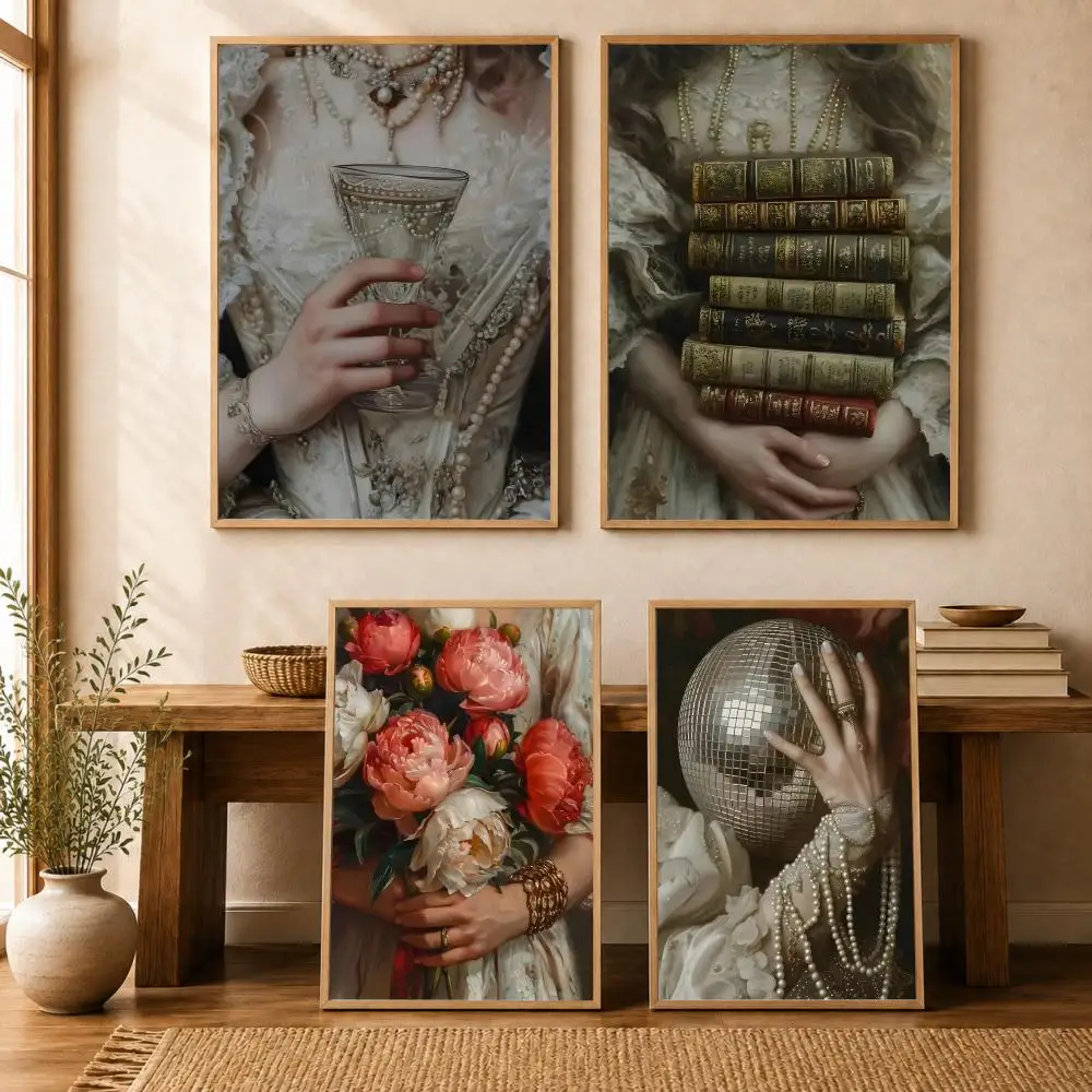 Victorian Altered Woman with Pearls Poster Wall Stickers Self Adhesive Painting HD Art Decals for Bedroom Living Room Home Decor