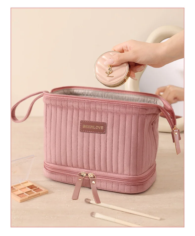 Tragbare Make-up-Organizer-Tasche, große Kapazität, Kosmetiktasche mit mehreren Fächern für Pinsel, Kosmetika, Reiseaufbewahrung – Detail 11