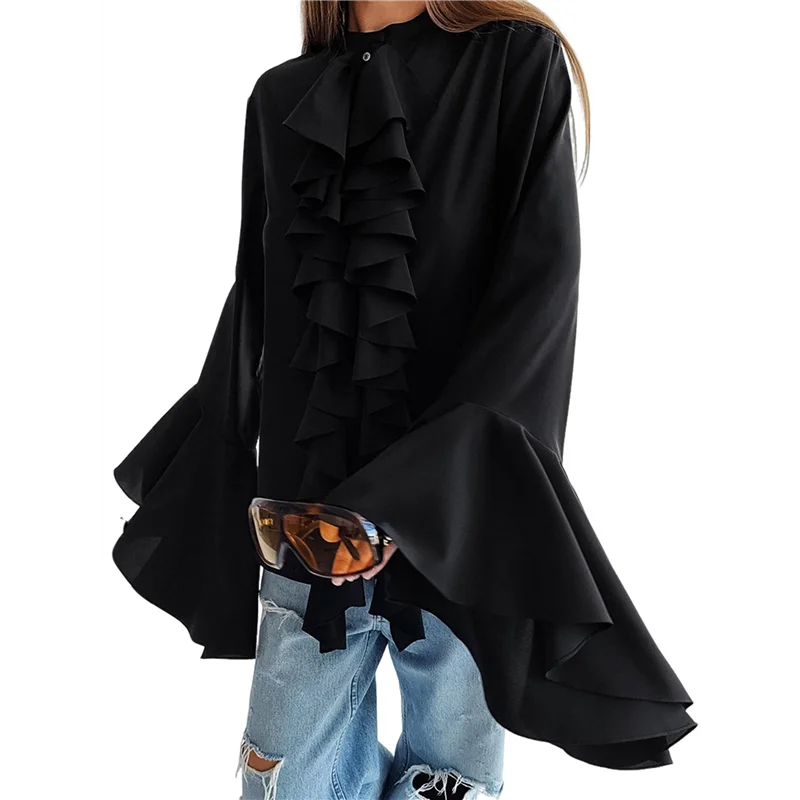 

NEW-Womens Casual Blouses Flared Sleeve Stand Collar Ruffle Tops Summer Trendy Vacation Shirt