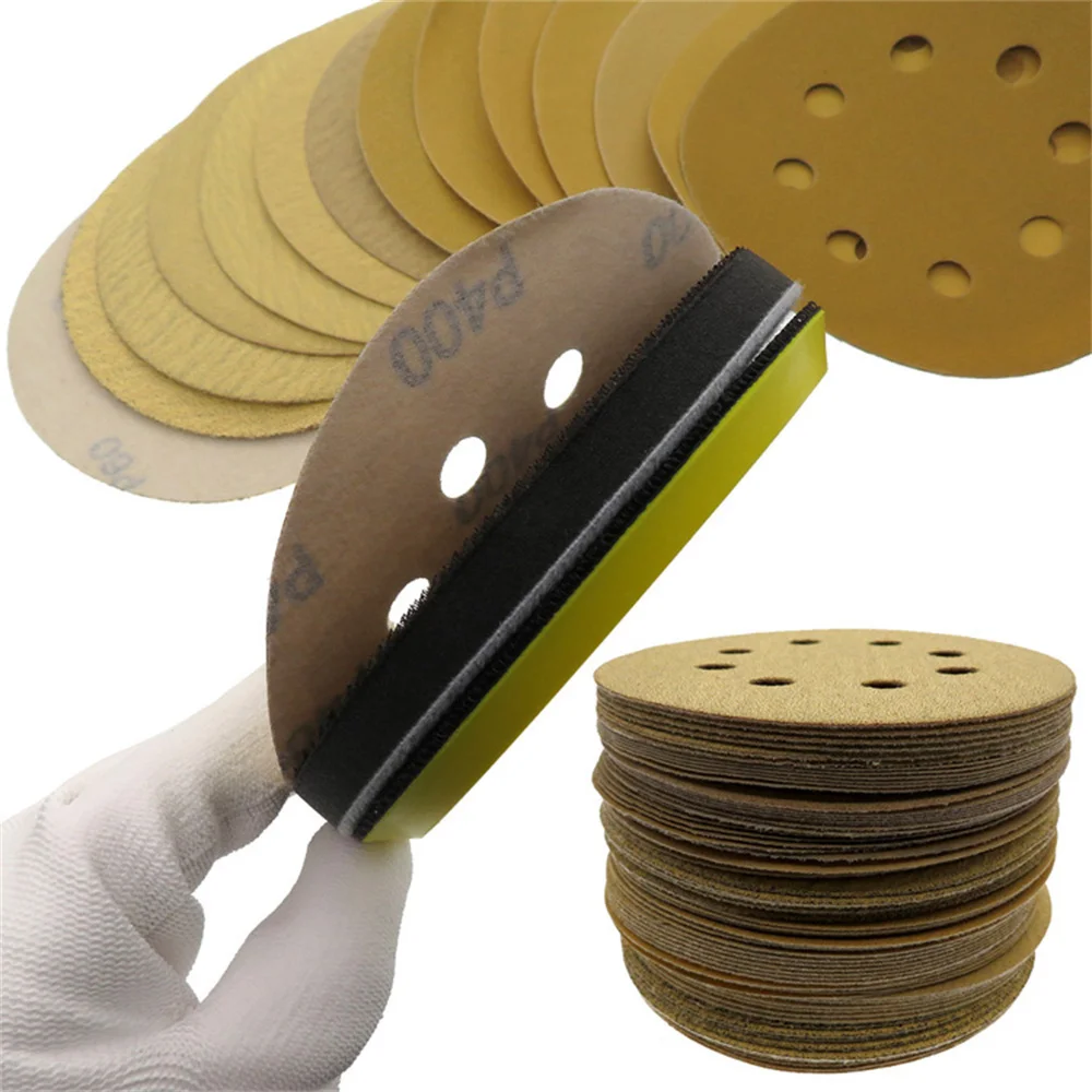 5/10 Pcs 5 Inch 125MM 8 Hole Flocking Yellow Sandpaper Self-adhesive For Polishing Abrasive Tools Electric Grinder Accessories