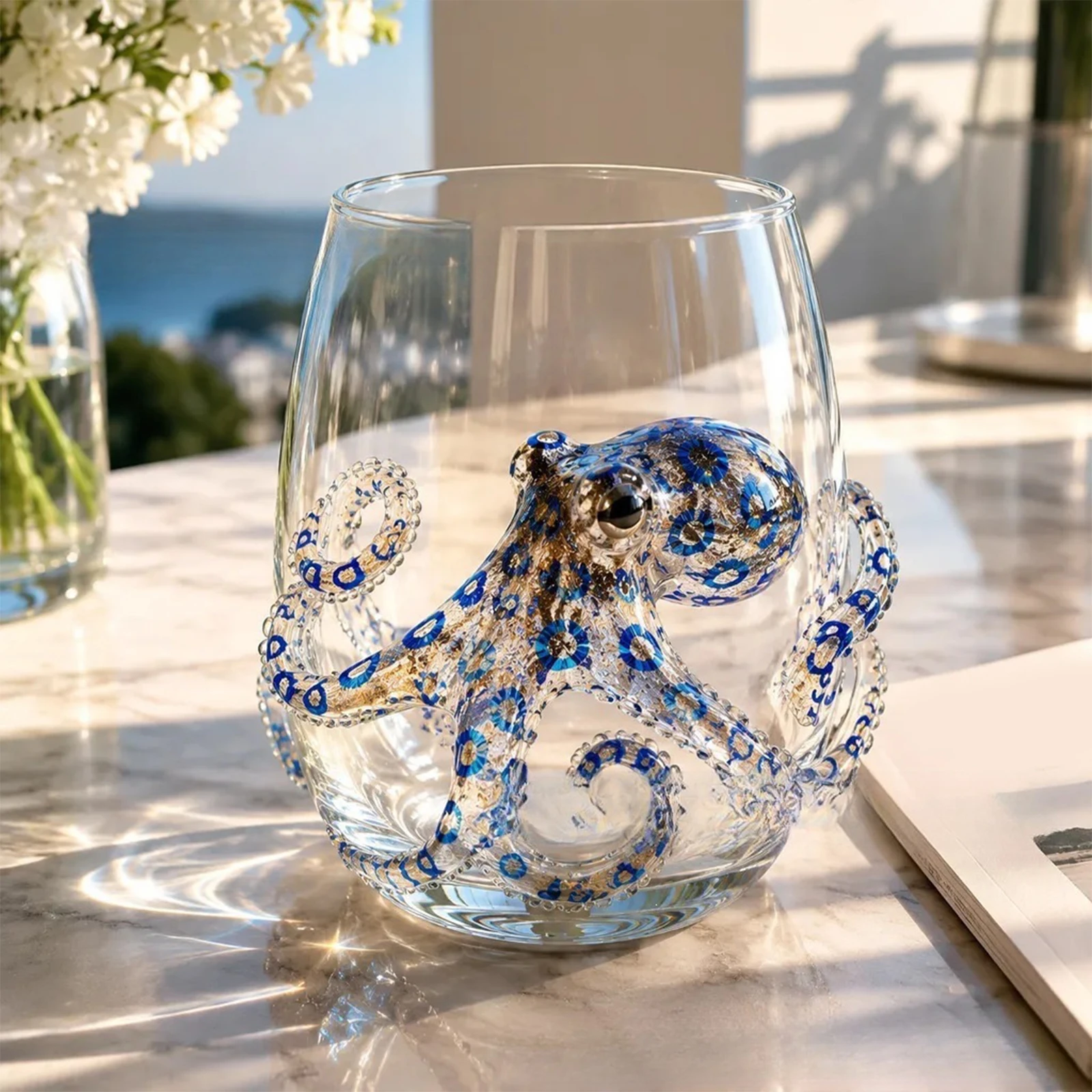 Artistic 3D Stemless Wine Glasses 12 Oz Handcrafted Marine Animal Bar Glass Sea Monster Whiskey Glasses for Ocean Lovers