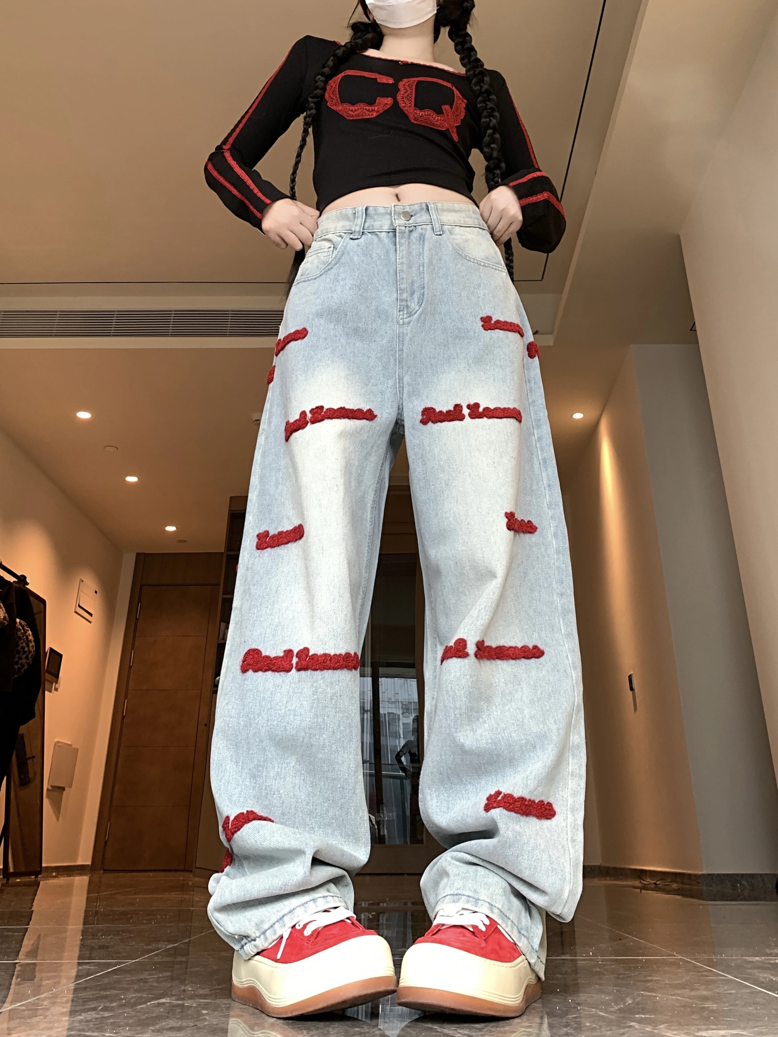 

Jeans Red English Embroidery Casual Straight High Waist Slim Pants